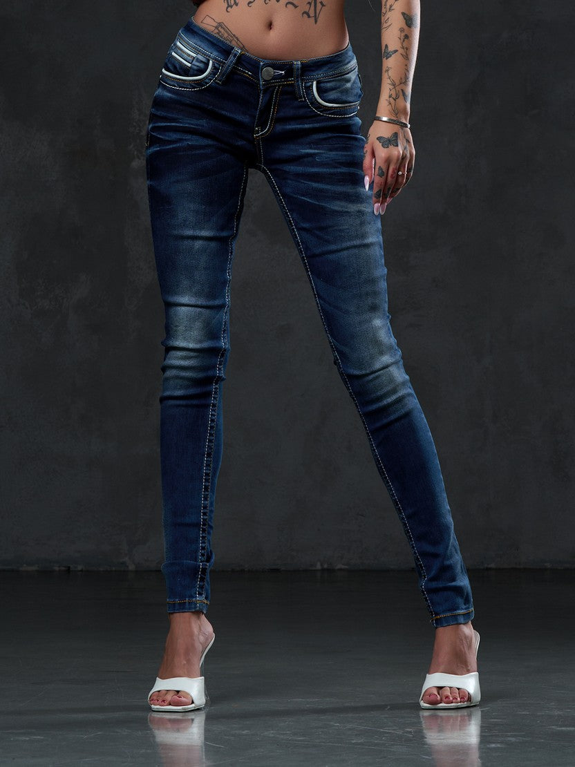 WD256 jeansy damskie o wąskim kroju z haftowanymi kieszeniami