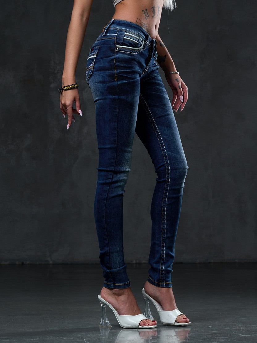 WD256 jeansy damskie o wąskim kroju z haftowanymi kieszeniami