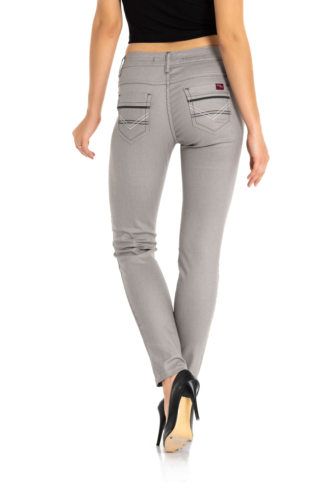 WD256A spodnie damskie o wąskim kroju z haftowanymi kieszeniami