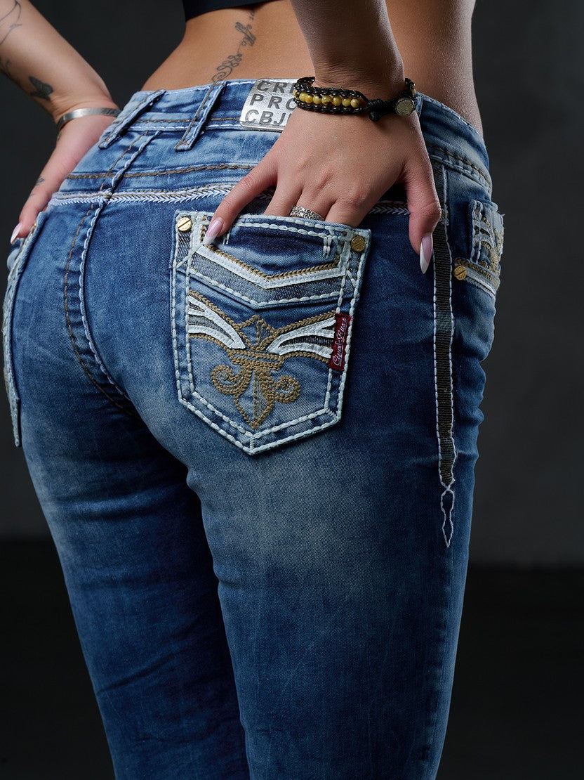 WD343 Damen Röhrenjeans mit Stickereien auf den Gesäßtaschen
