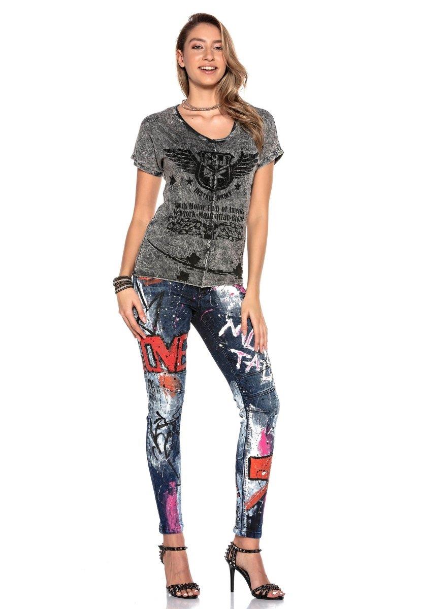 WD399 Dames Bikerjeans met Prints en Kleurversieringen