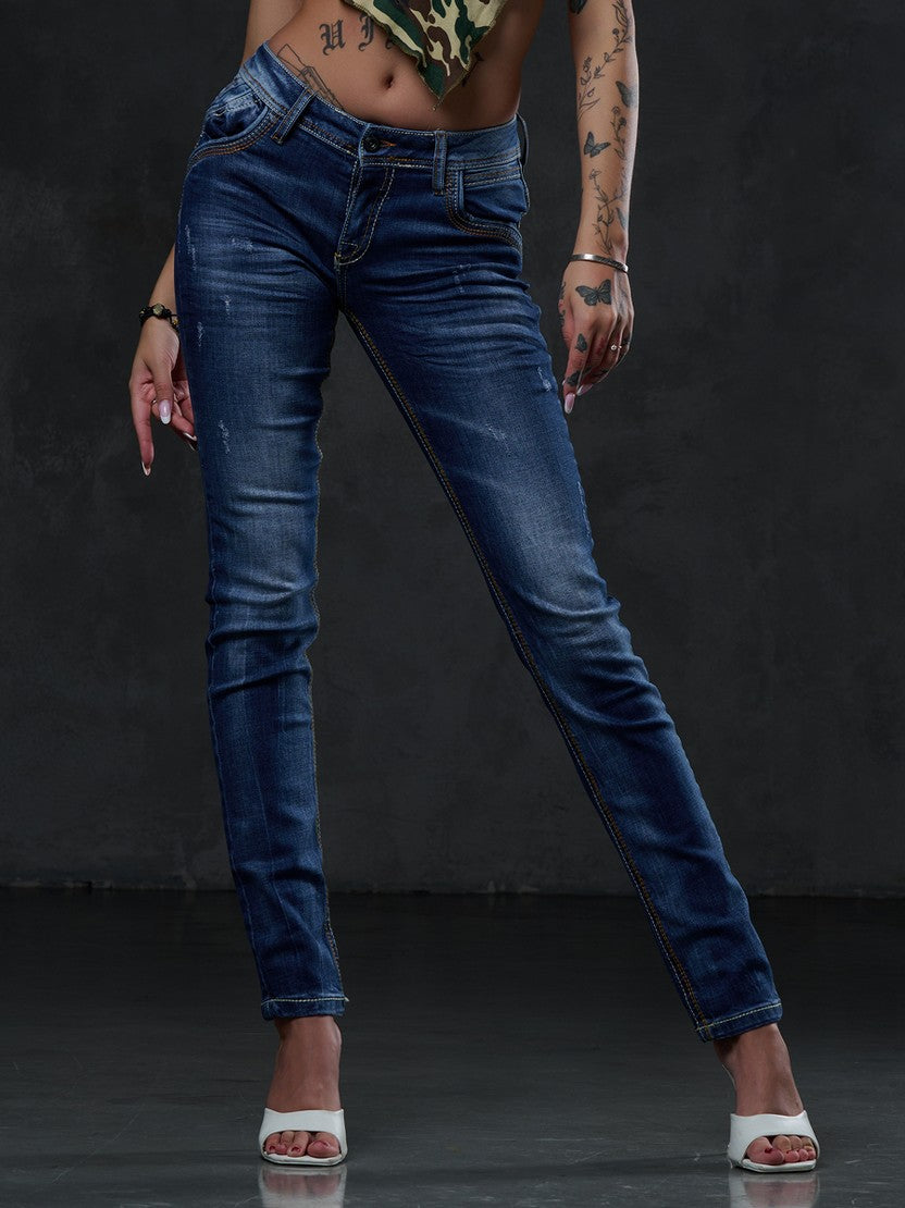 WD433 Femmes Slim-Fit Jeans avec des coutures de couleur contrastée