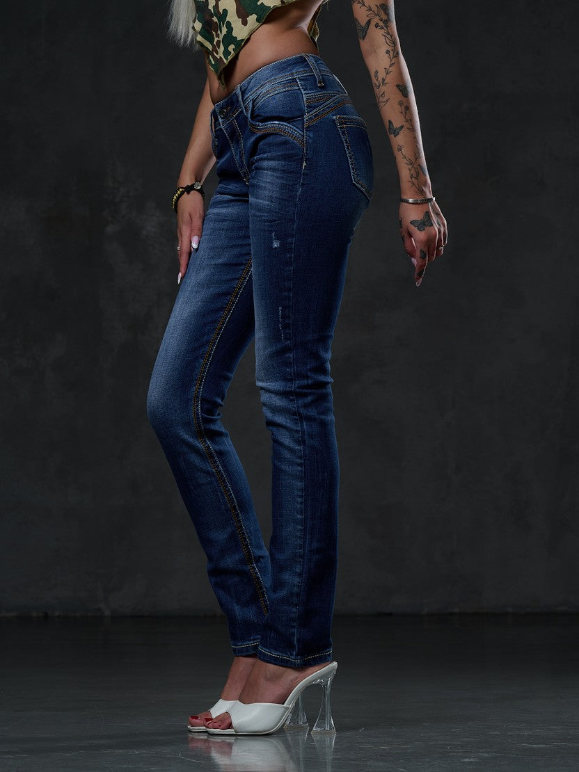 WD433 jeansy damskie z ozdobnym szwem