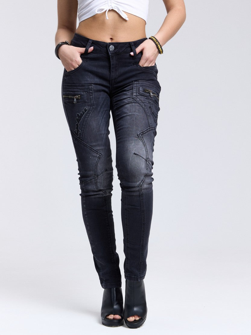 WD437 Damen Slim-Fit-Jeans mit trendigen Ziernähten