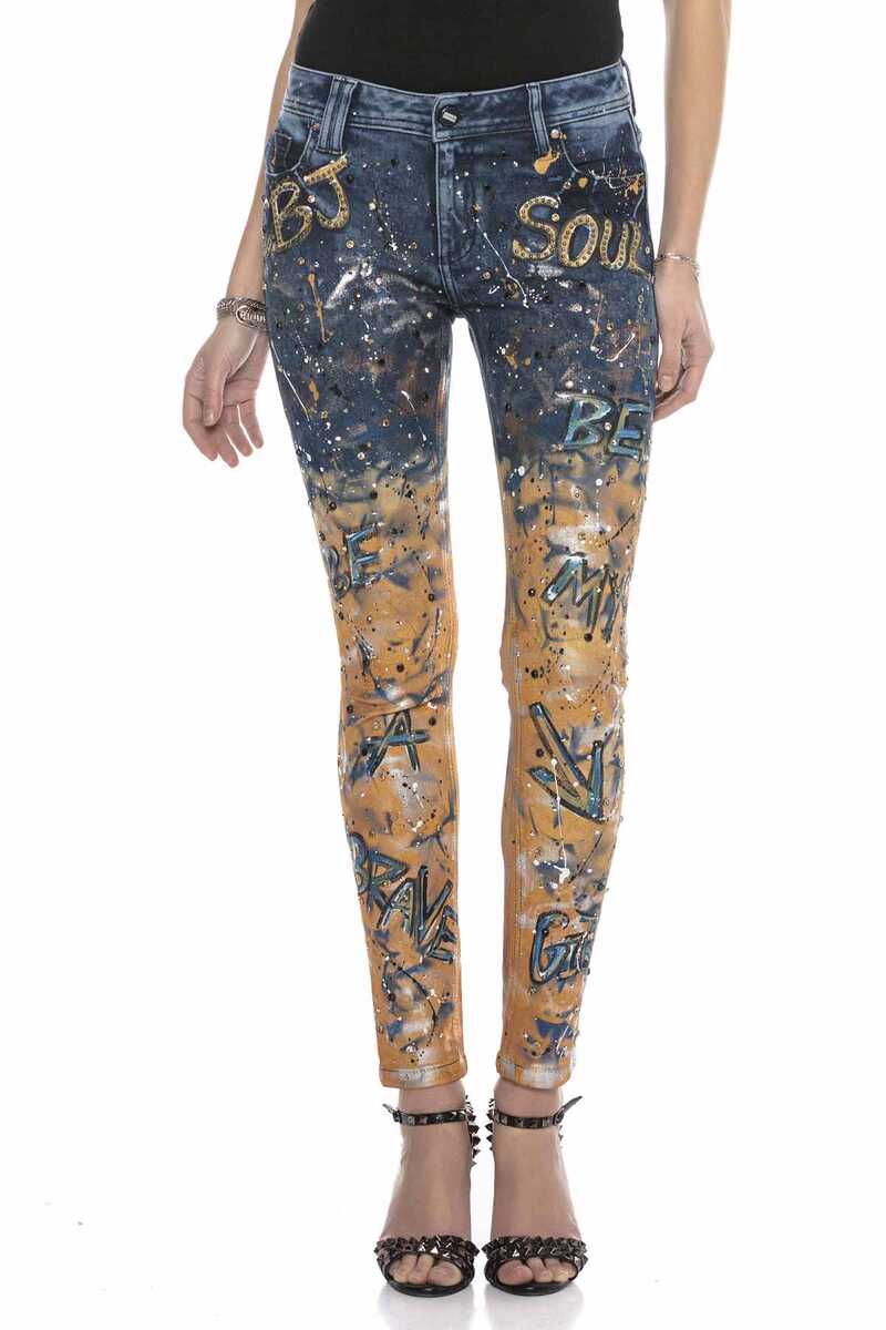 WD440 Damen Slim-Fit-Jeans in modischem Handpaint-Design