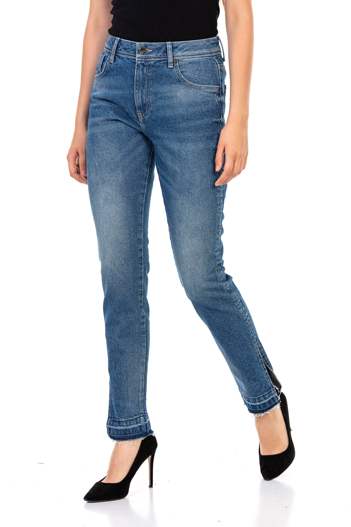 WD449 Damen bequeme Jeans mit trendigem Seitenschlitz