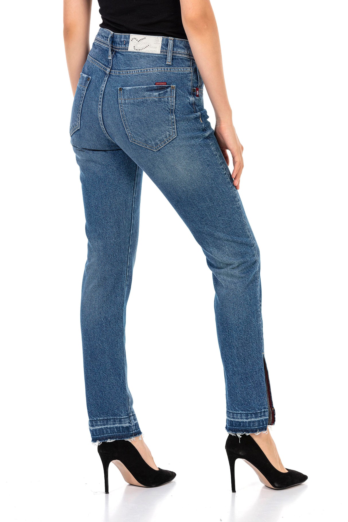 WD449 Damen bequeme Jeans mit trendigem Seitenschlitz