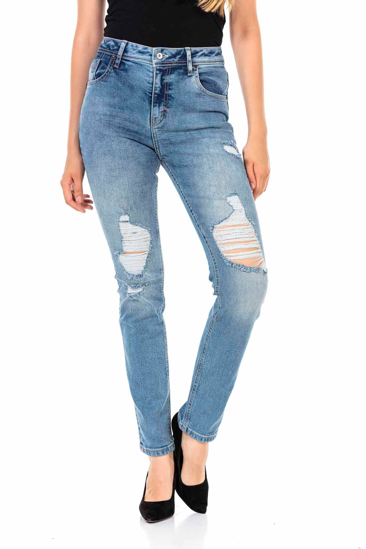 WD452 jeansy damskie o wąskim kroju z fajnymi zniszczonymi elementami