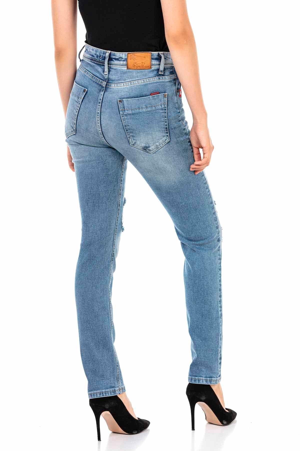 WD452 jeansy damskie o wąskim kroju z fajnymi zniszczonymi elementami