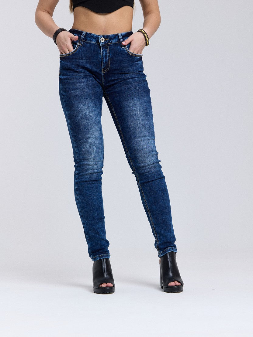 WD460 Women jeans slim-fit con sottile lavaggio e rivetti freschi