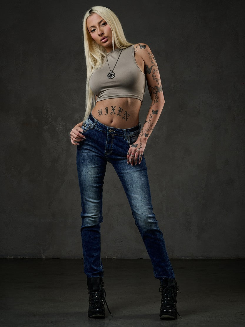 WD460 Women jeans slim-fit con sottile lavaggio e rivetti freschi