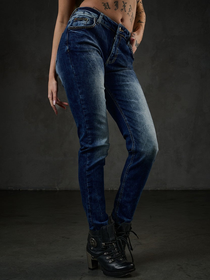 WD460 Women jeans slim-fit con sottile lavaggio e rivetti freschi