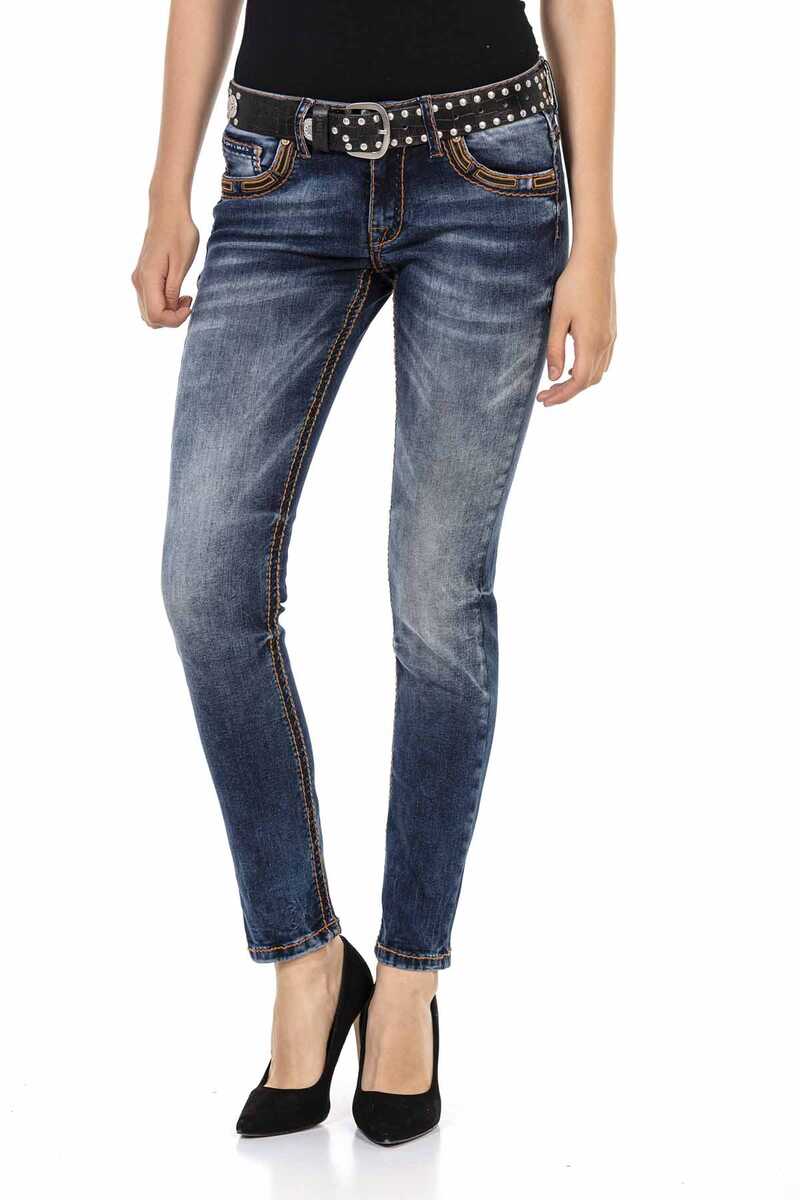 WD464 Damen Slim-Fit-Jeans mit kontrastfarbenen Nähten