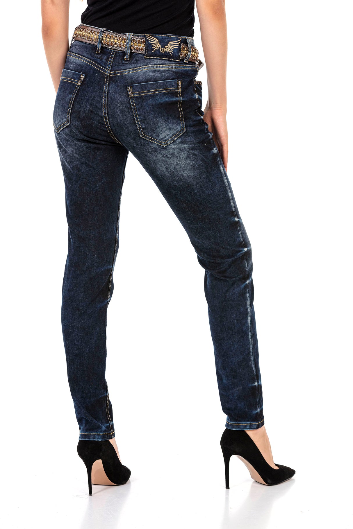 WD465 Damen Slim-Fit-Jeans mit Nietendetails