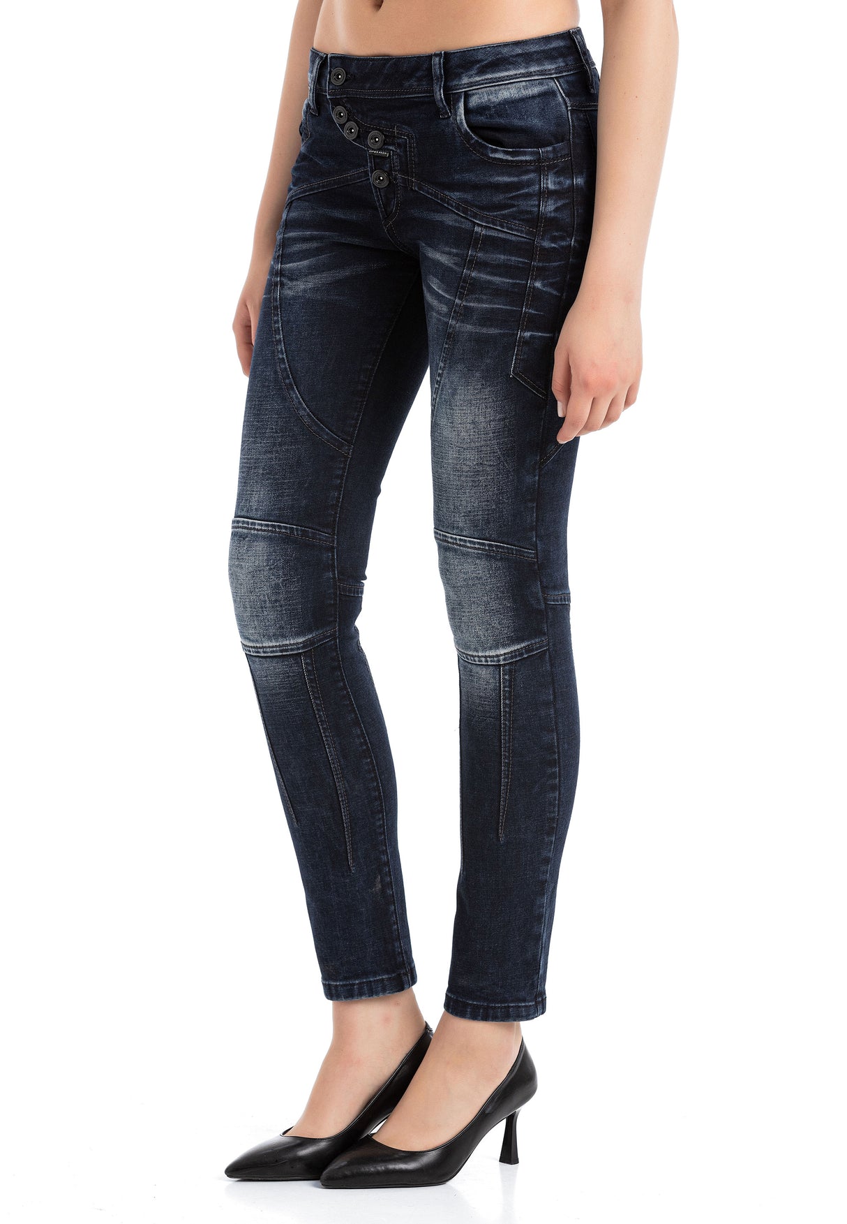 WD469 Damen Slim-Fit-Jeans mit auffälligen Ziernähten