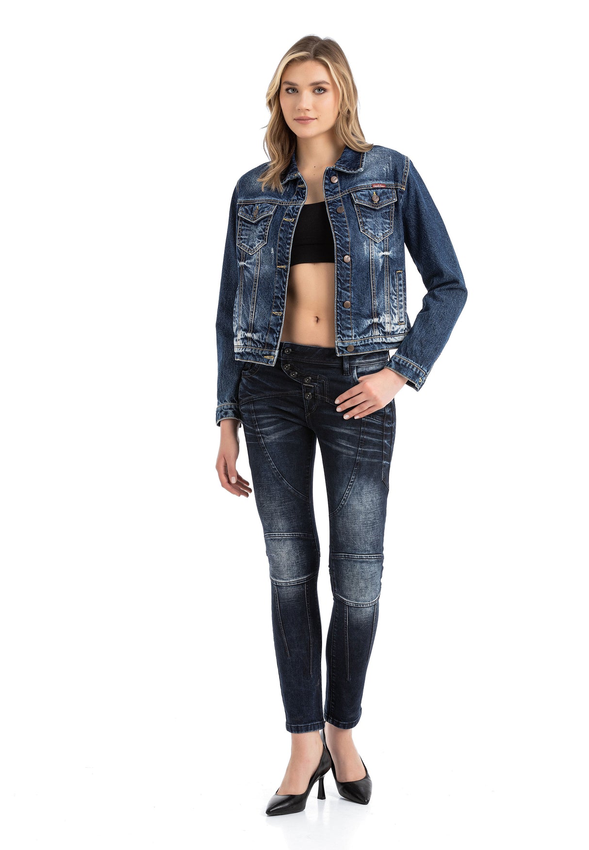 WD469 Damen Slim-Fit-Jeans mit auffälligen Ziernähten