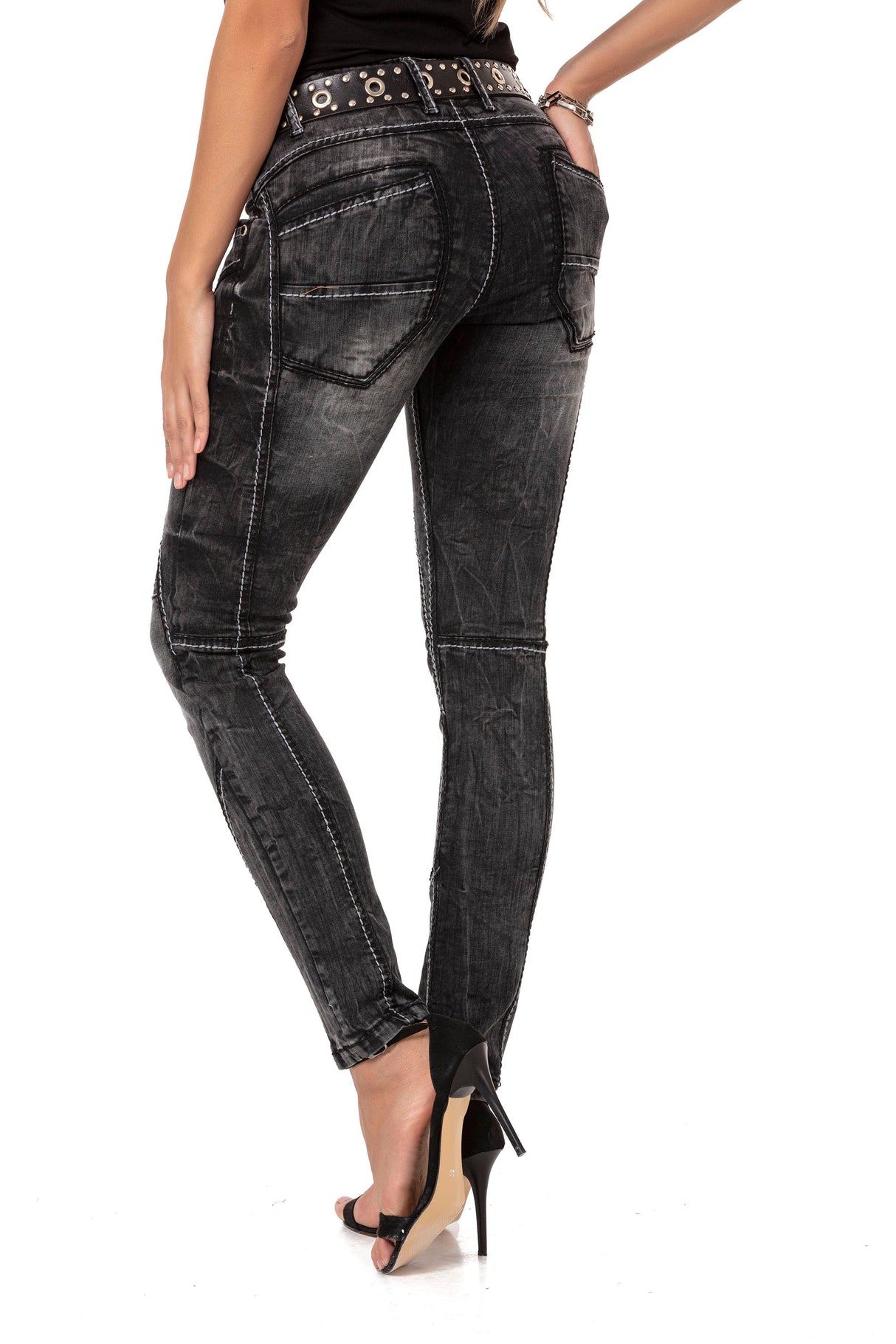 Jeans dritti WD477 Donne con cuciture decorative alla moda