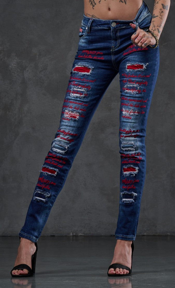 WD478 spodnie damskie z kolorowymi dziurami