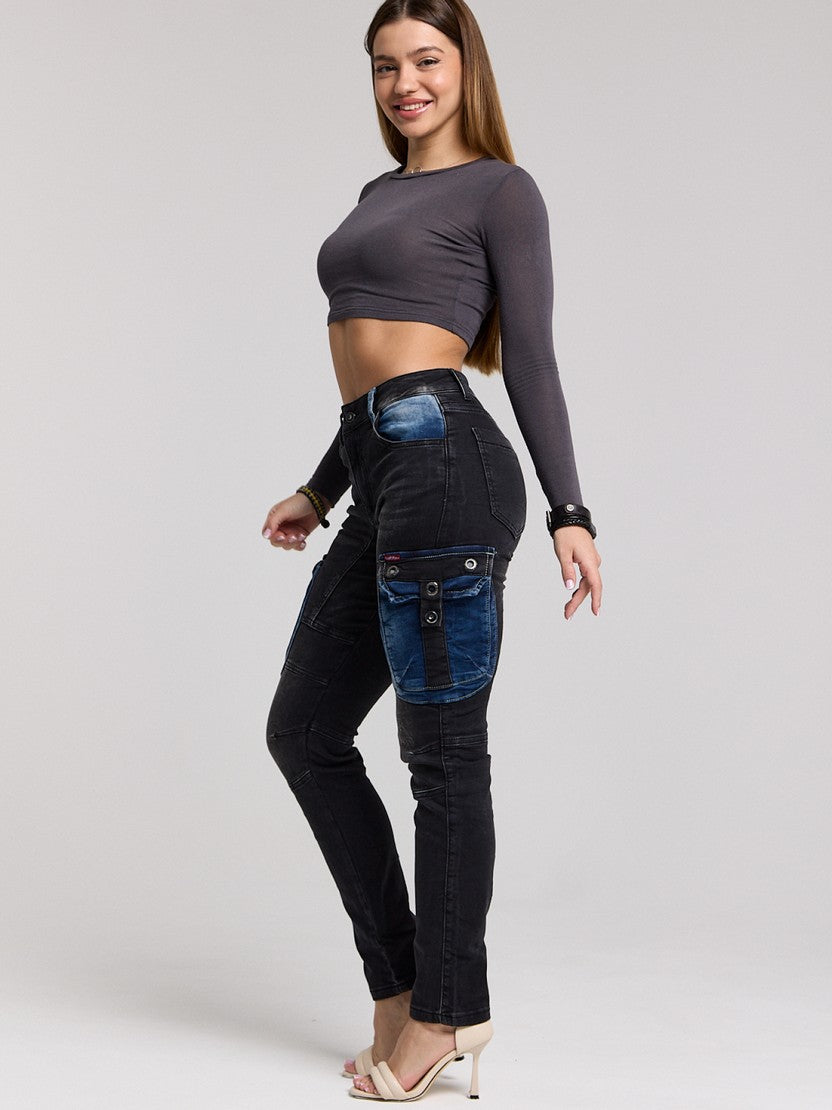 WD521 Women's Jeans Cargo Pockets with Applied for Skinny Jeans