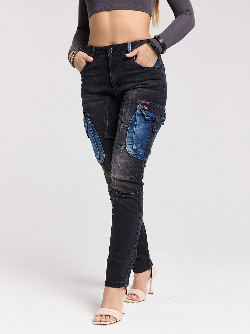 WD521 Women's Jeans Cargo Pockets with Applied for Skinny Jeans