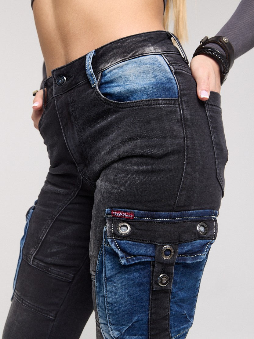 WD521 Women's Jeans Cargo Pockets with Applied for Skinny Jeans