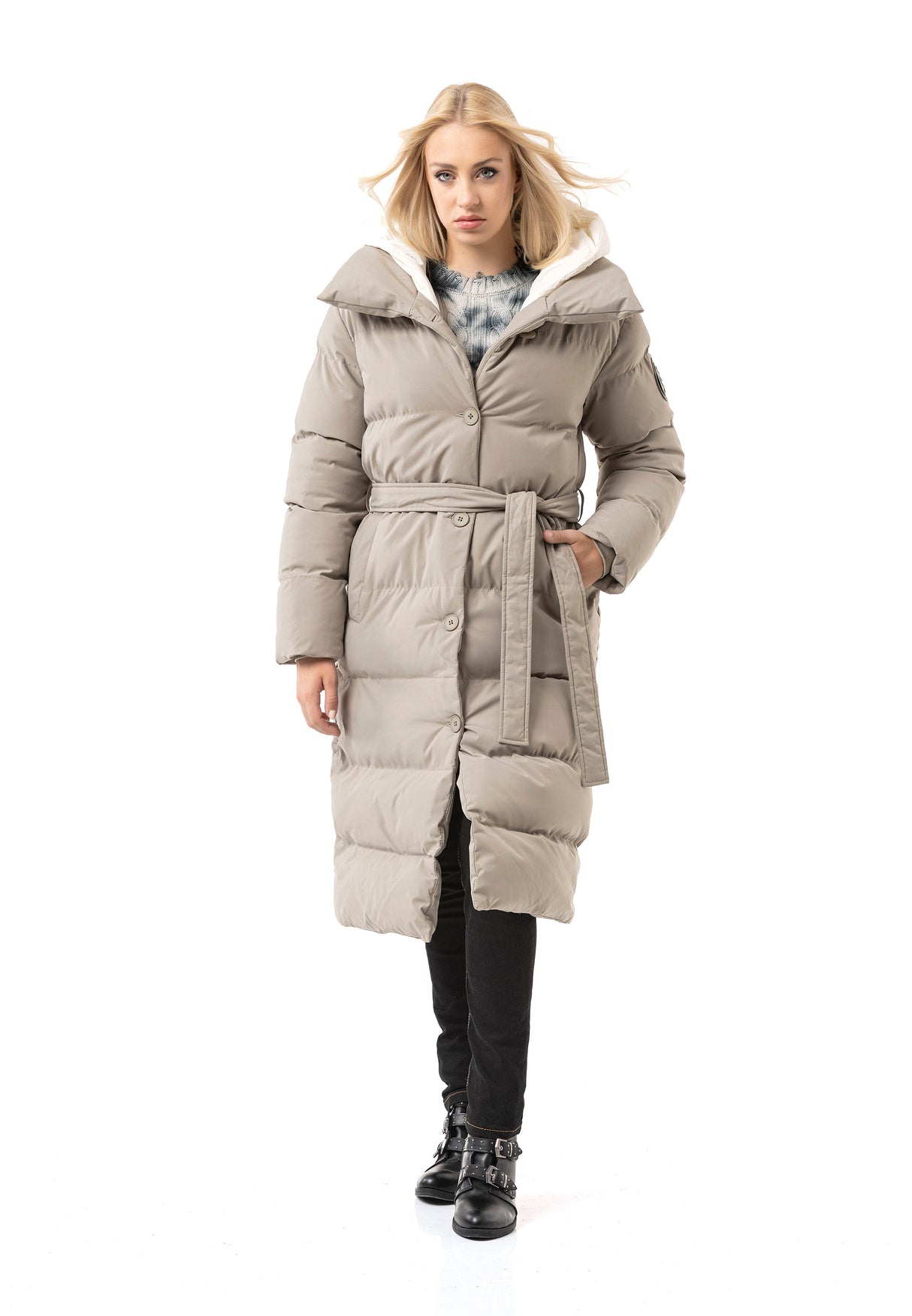 WM145 Manteau d'hiver Femme avec Ceinture et capuche