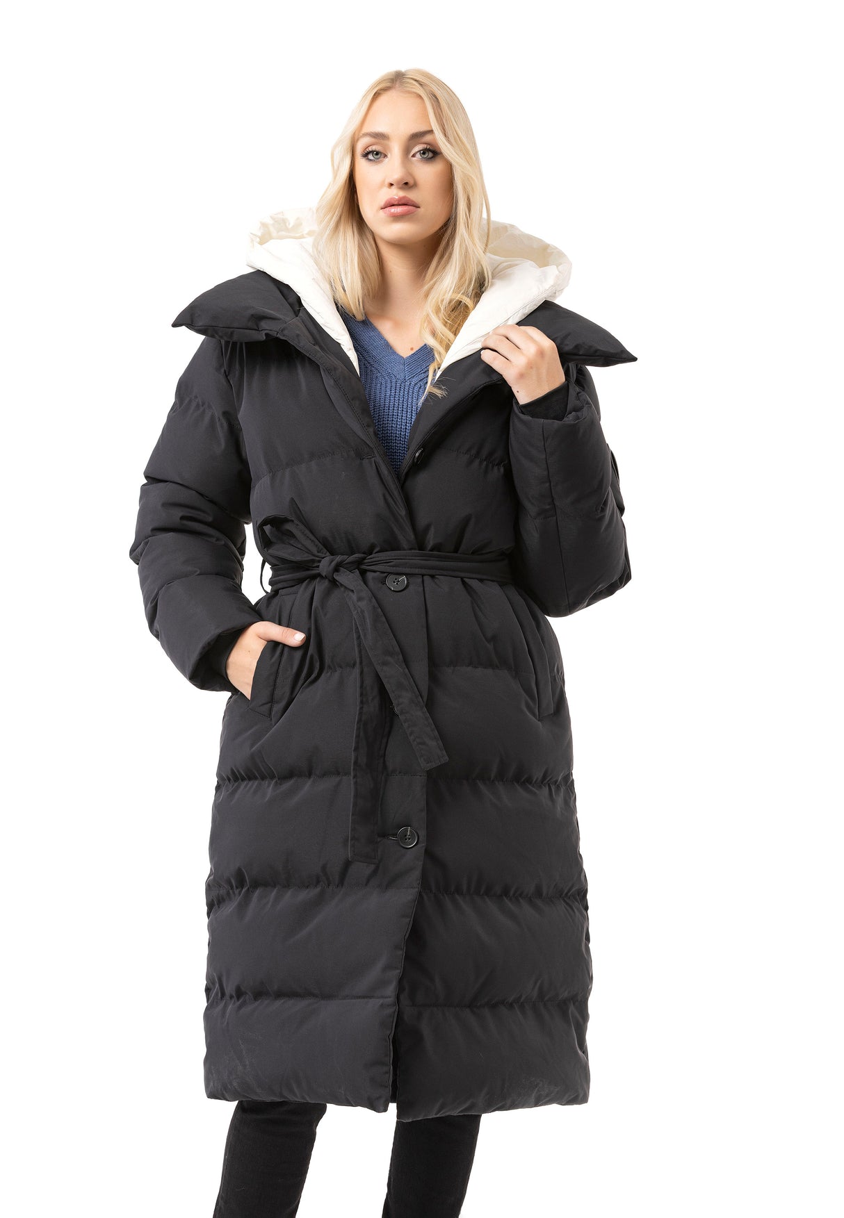 WM145 Manteau d'hiver Femme avec Ceinture et capuche