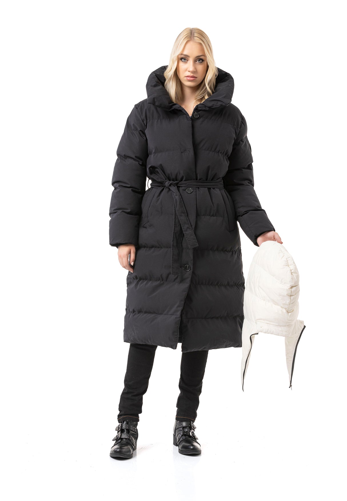 WM145 Manteau d'hiver Femme avec Ceinture et capuche