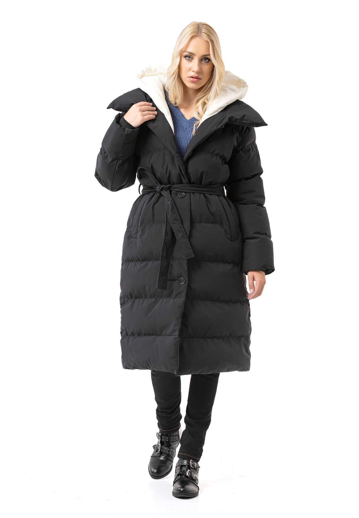 WM145 Manteau d'hiver Femme avec Ceinture et capuche