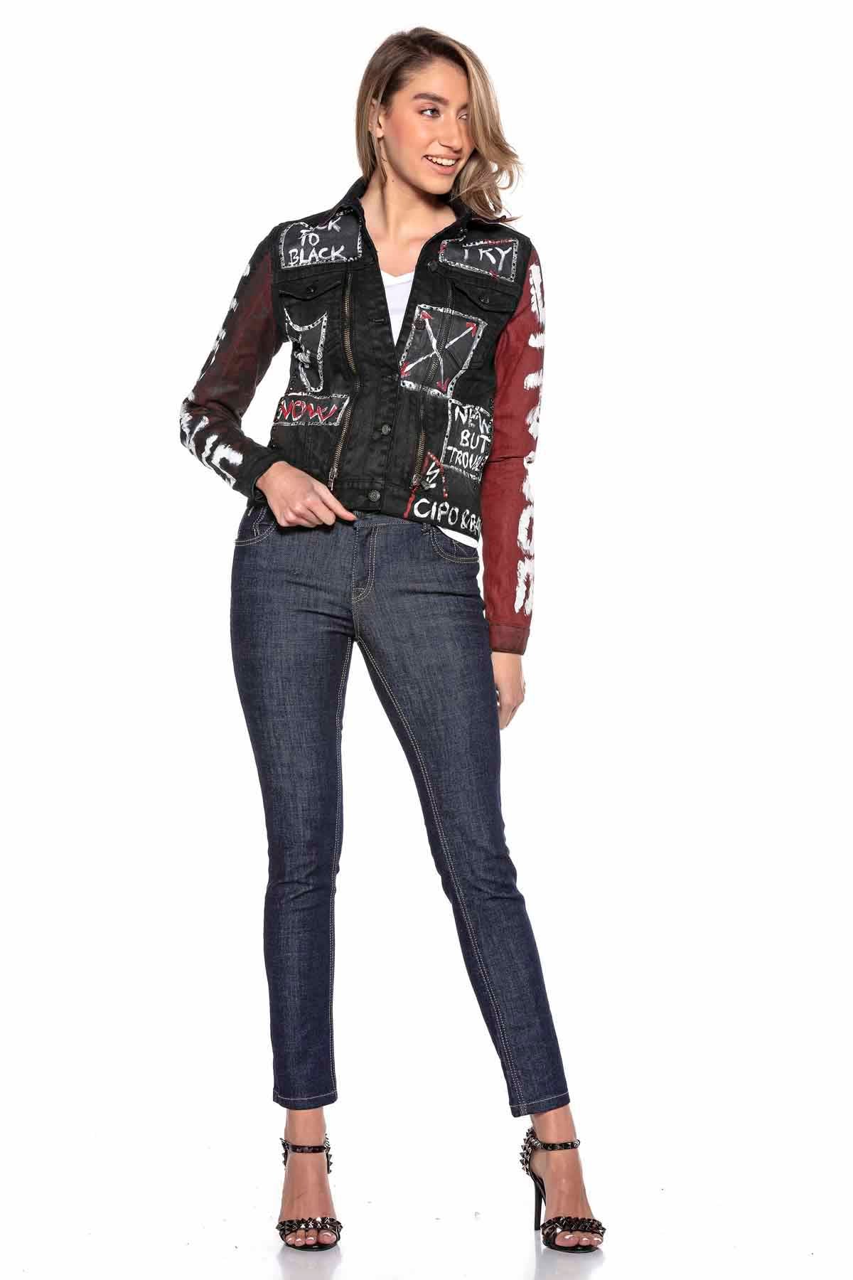WJ172 damska jeansowa kurtka z kolorowym wzorem