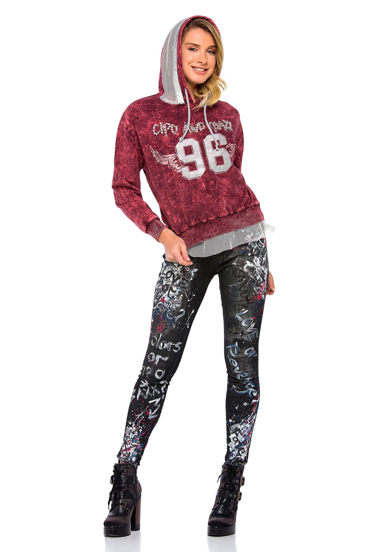 WL207 bluza damska z cyrkoniami i ozdobną siatką