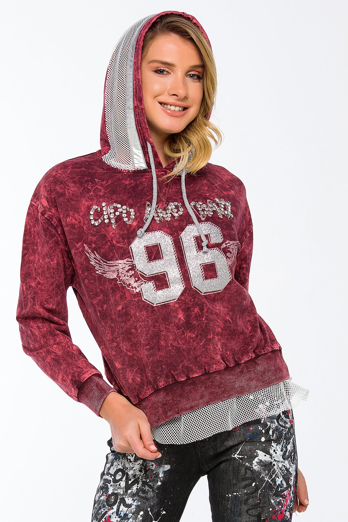 WL207 bluza damska z cyrkoniami i ozdobną siatką