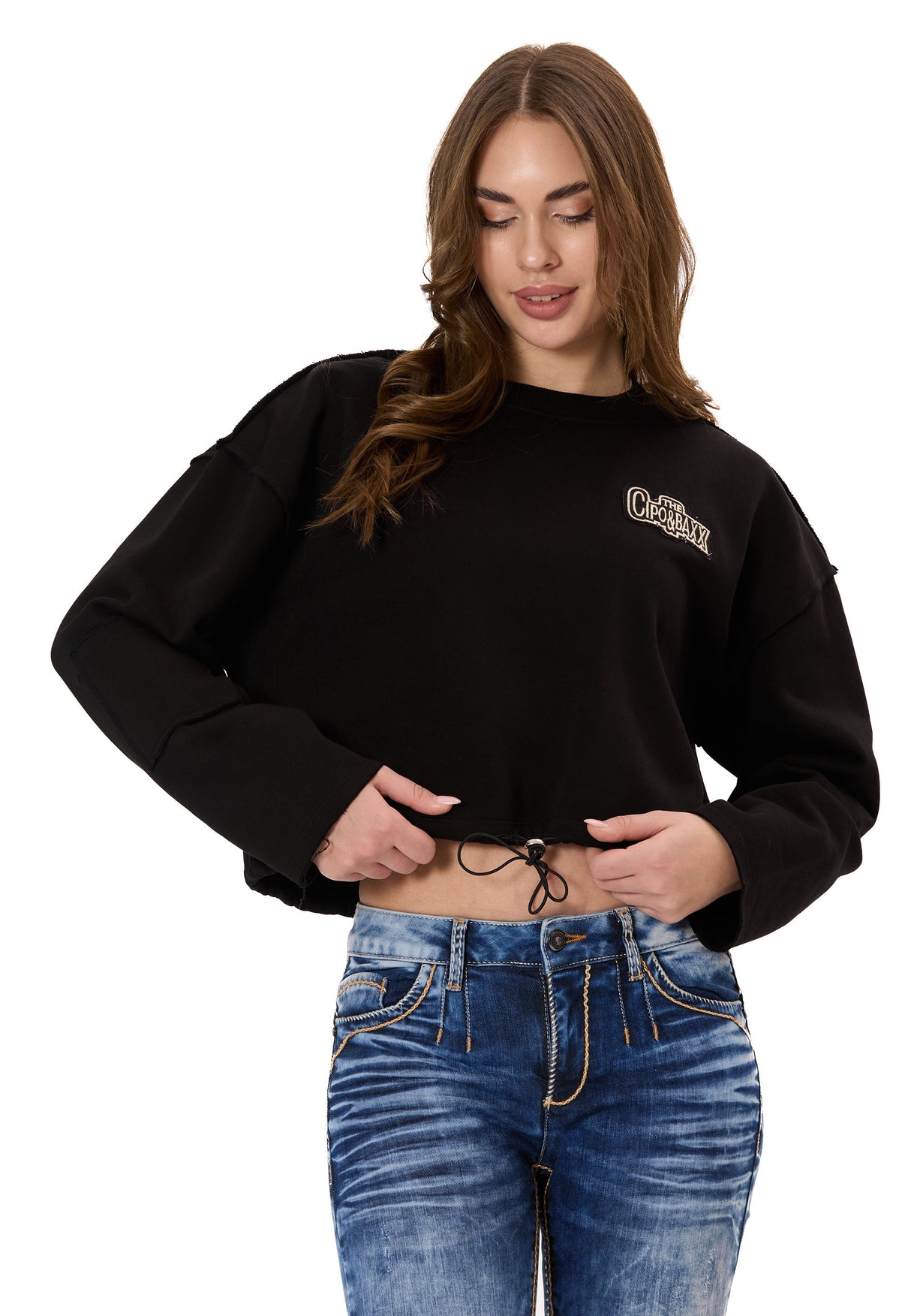 WL370 Donna Cropped Felpa – Schwarzes Kurzpullover mit Tunnelzug & Logo-Print | Stylischer Streetwear-Look für Alltag & Freizeit