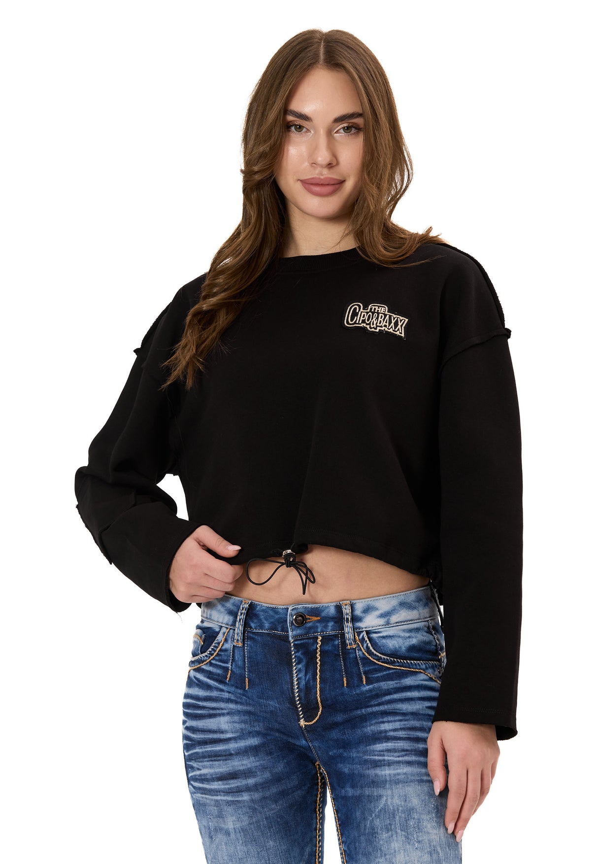 WL370 Donna Cropped Felpa – Schwarzes Kurzpullover mit Tunnelzug & Logo-Print | Stylischer Streetwear-Look für Alltag & Freizeit