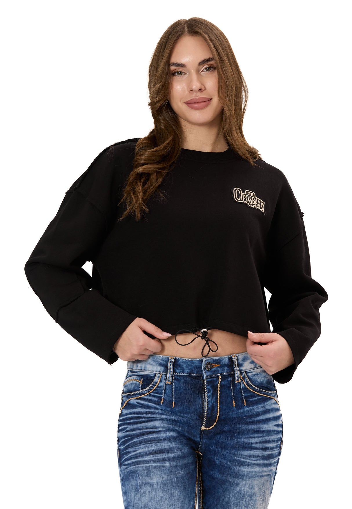 WL370 Donna Cropped Felpa – Schwarzes Kurzpullover mit Tunnelzug & Logo-Print | Stylischer Streetwear-Look für Alltag & Freizeit