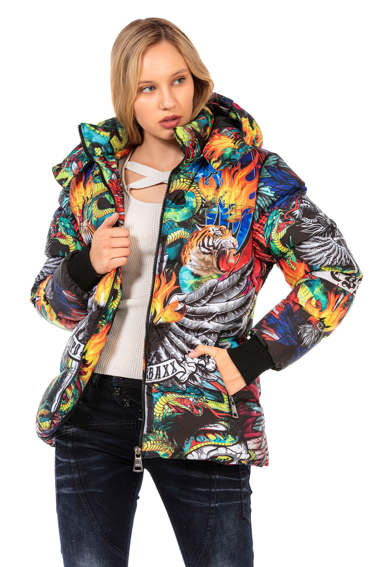 WM131 kurtka damska zimowa z kolorowym nadrukiem