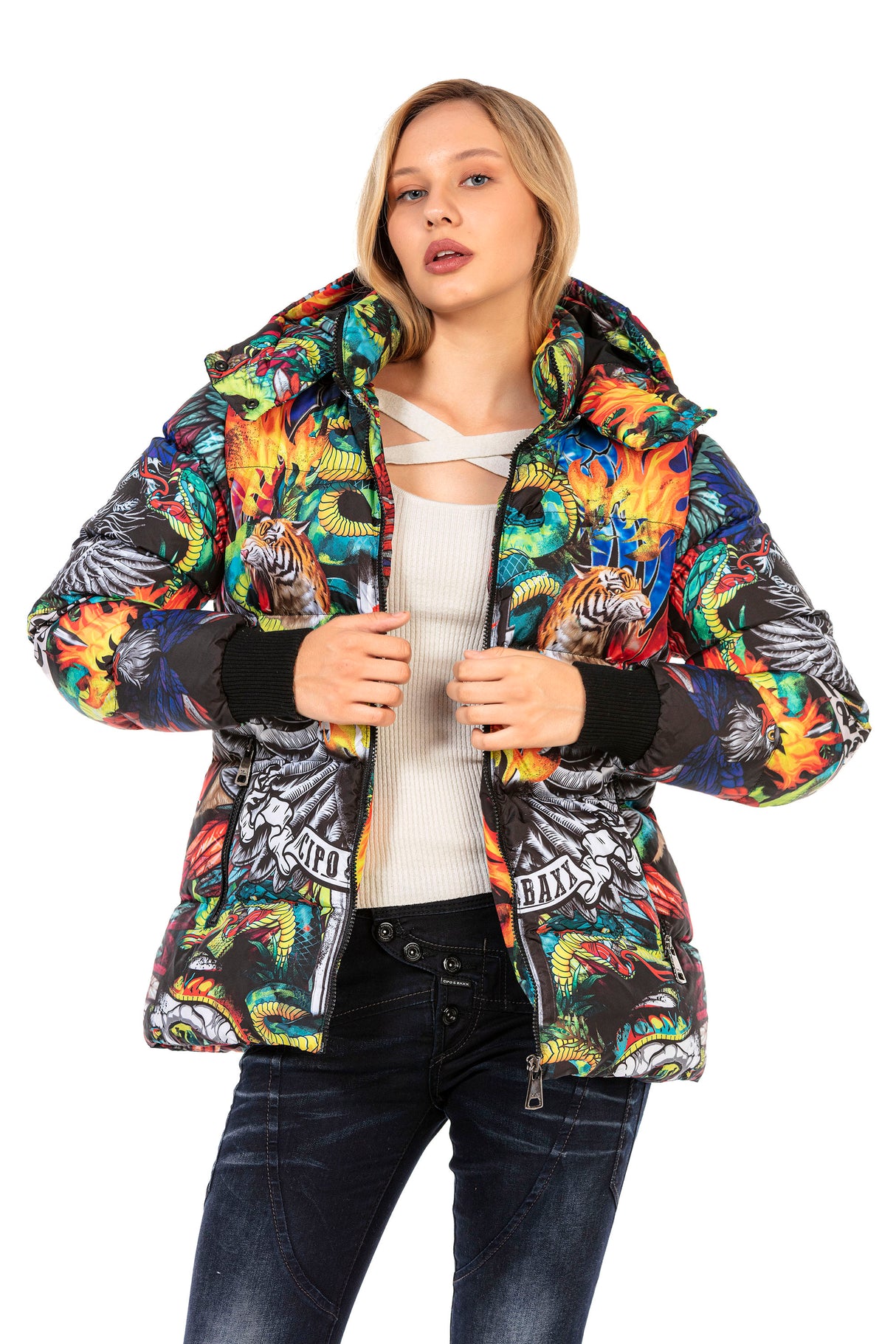 WM131 kurtka damska zimowa z kolorowym nadrukiem