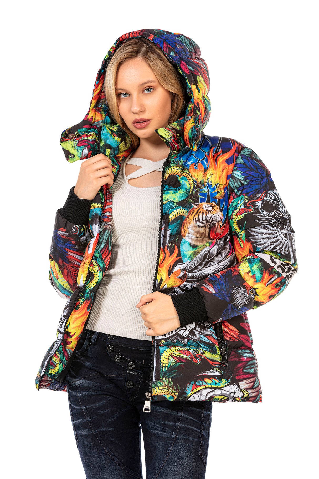 WM131 kurtka damska zimowa z kolorowym nadrukiem