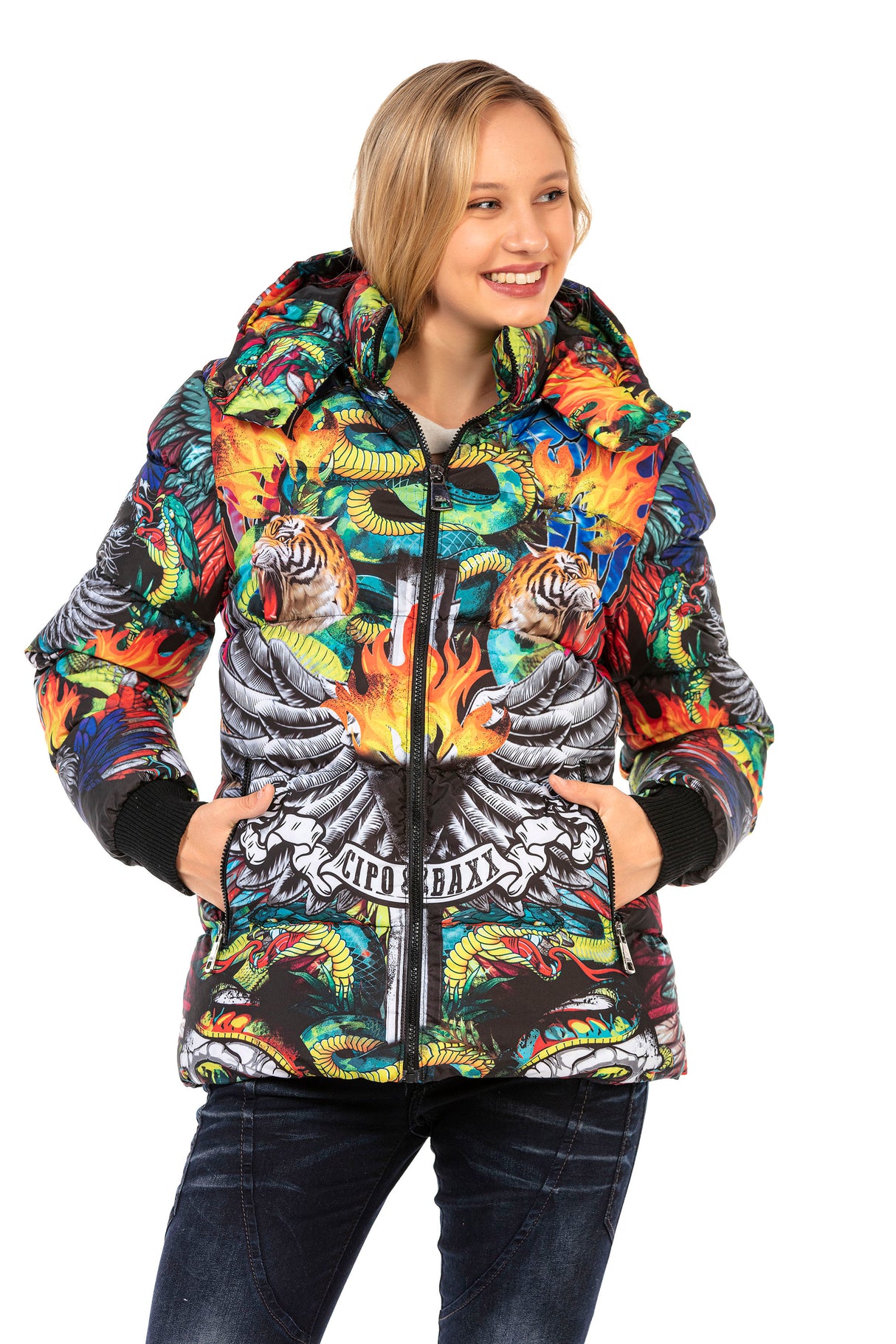 WM131 kurtka damska zimowa z kolorowym nadrukiem