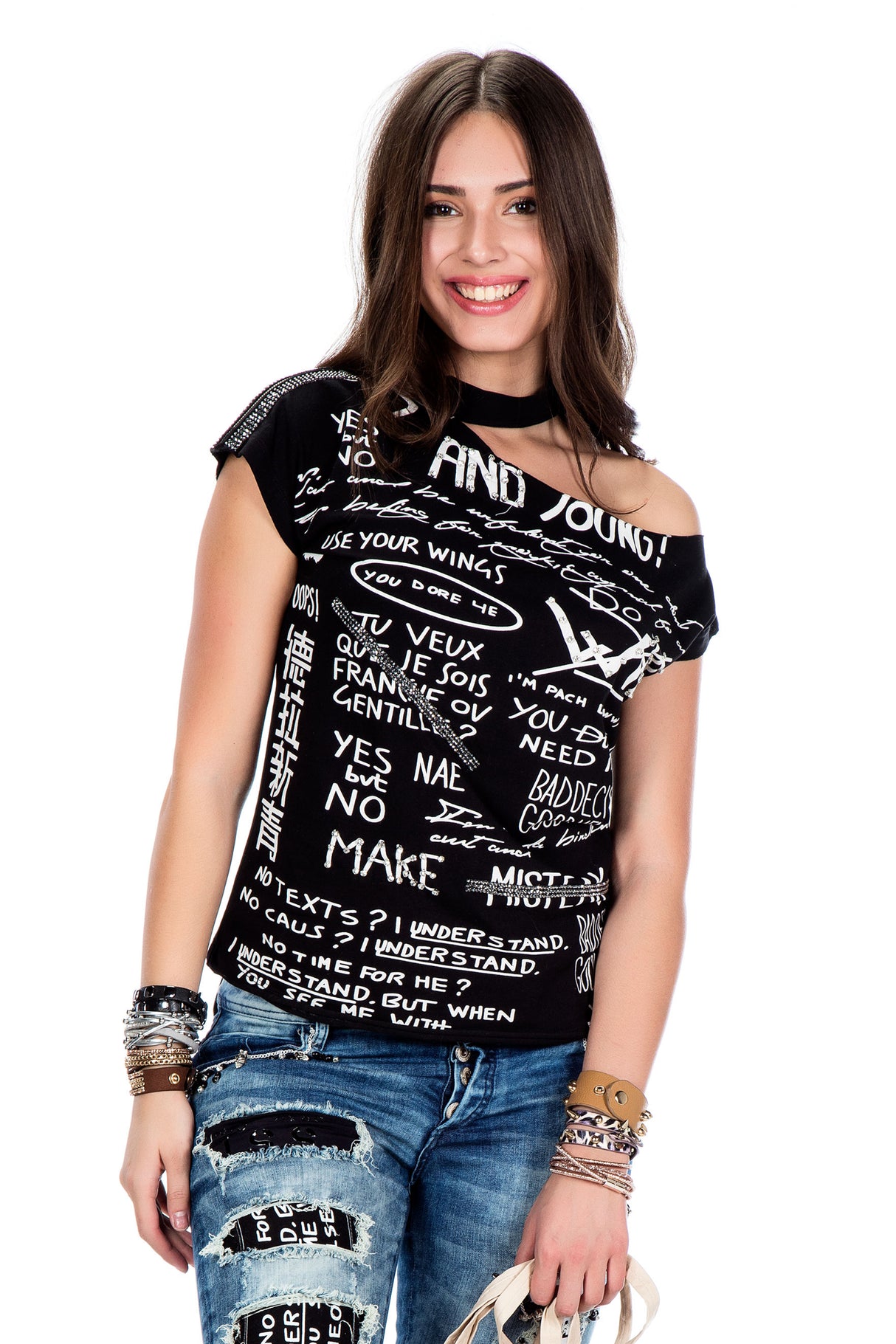 WT201 T-shirt damski z rozcięciem