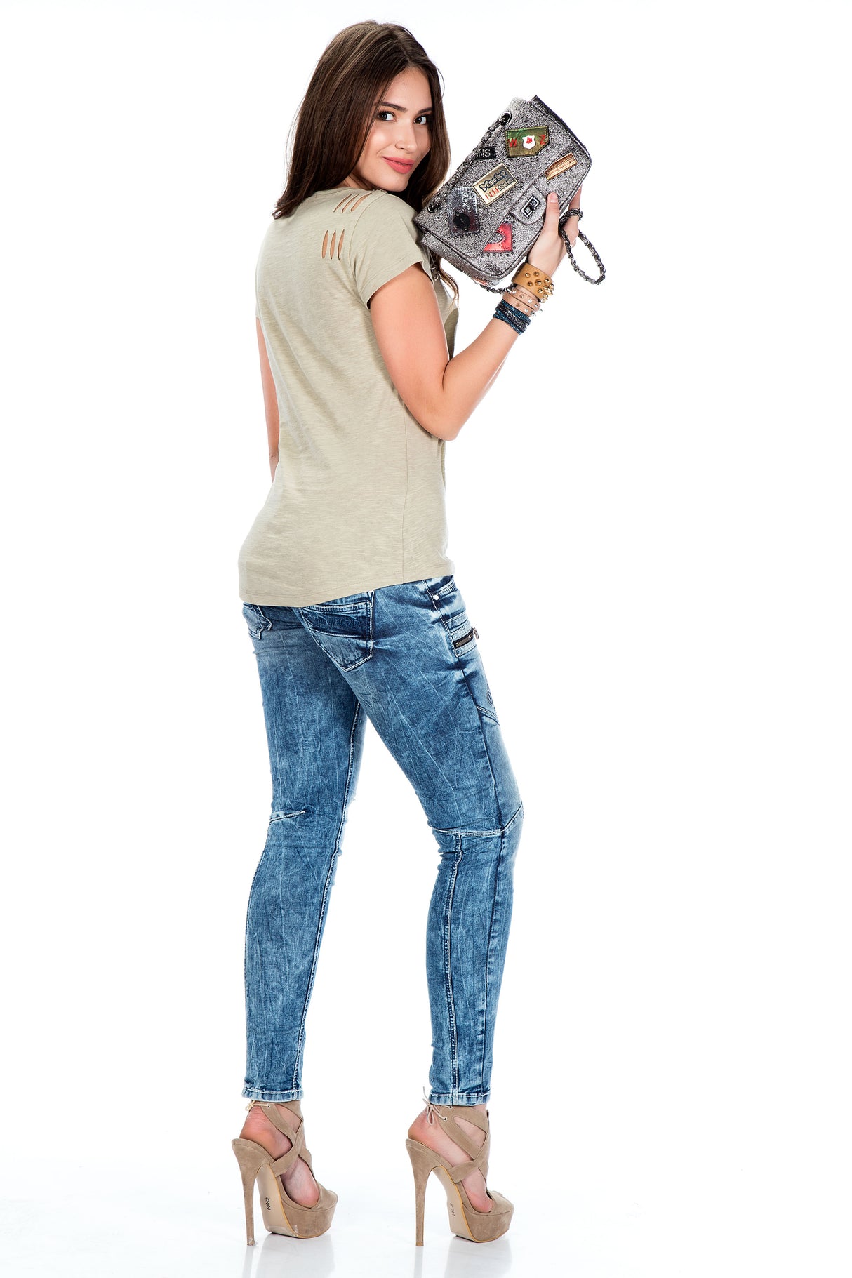 WT216 T-shirt damski z kamieniami