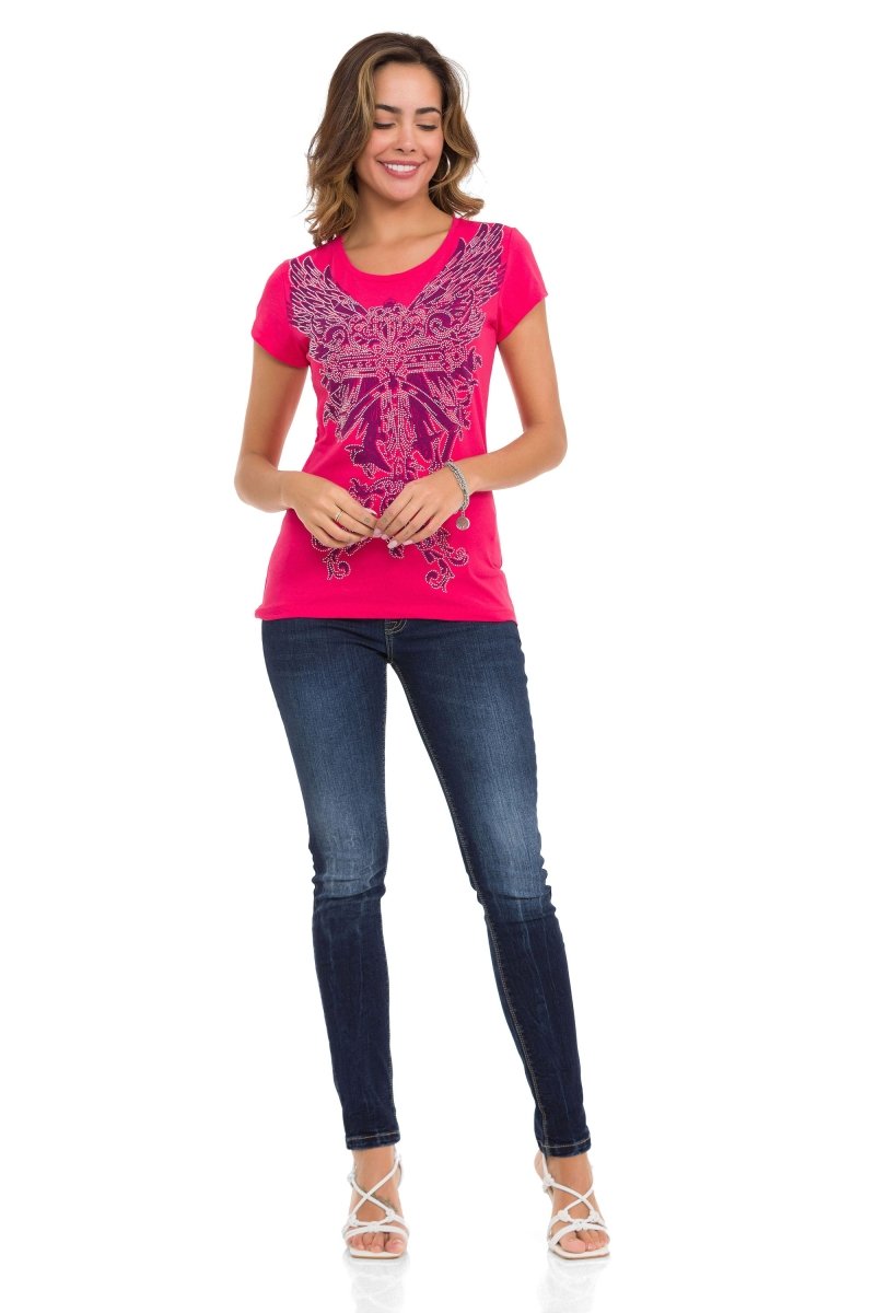 WT341 T-shirt damski z kamieniami