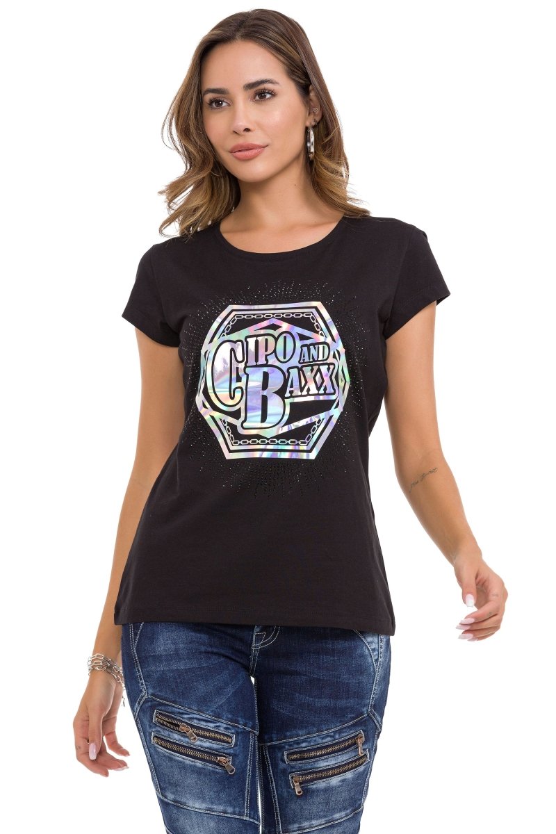 WT342 T-shirt damski z nadrukiem z folii i kamieniami