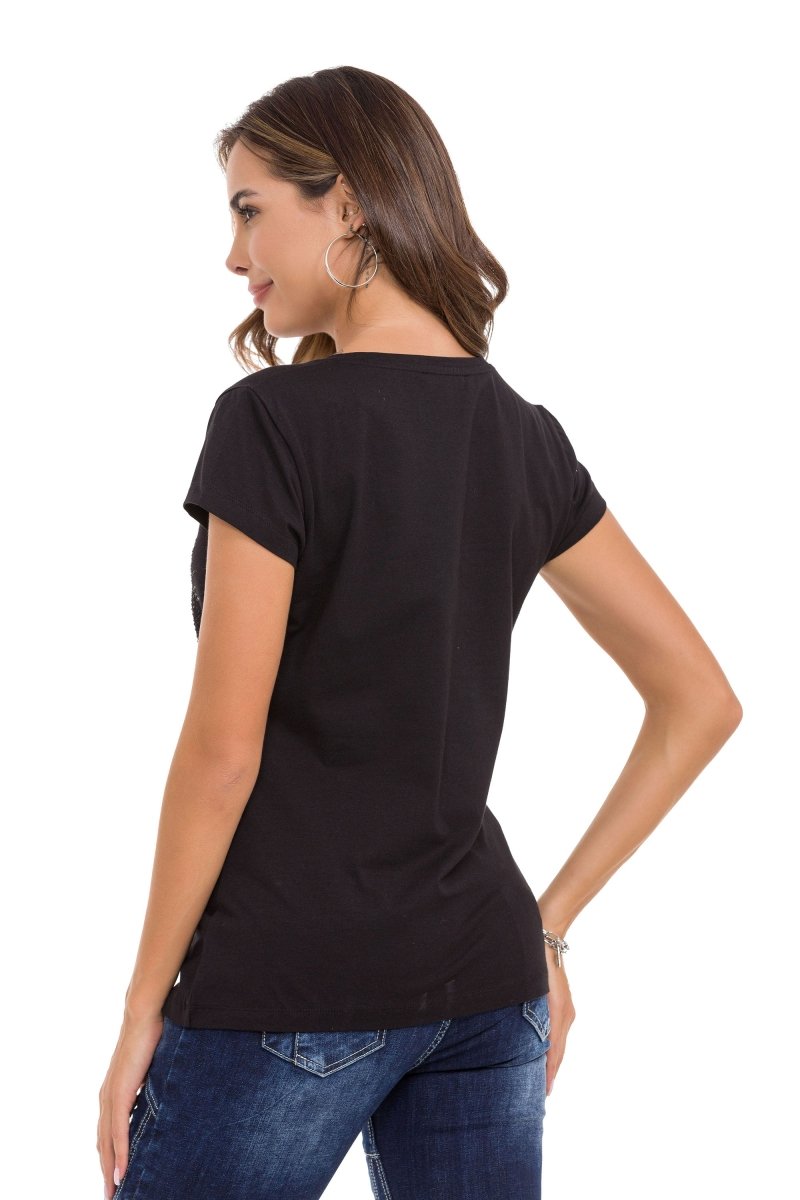 WT342 T-shirt damski z nadrukiem z folii i kamieniami