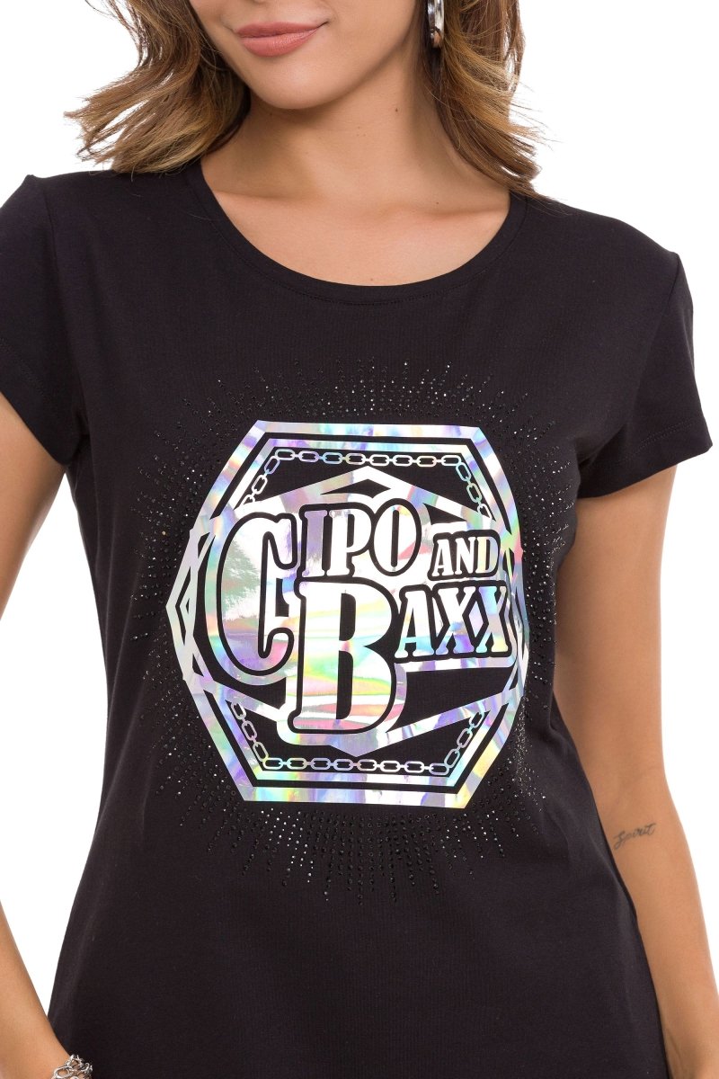 WT342 T-shirt damski z nadrukiem z folii i kamieniami