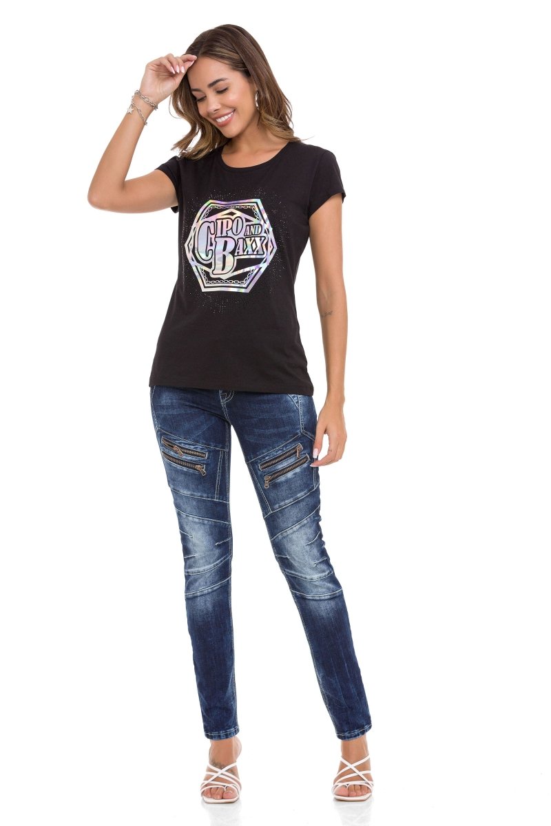 WT342 T-shirt damski z nadrukiem z folii i kamieniami