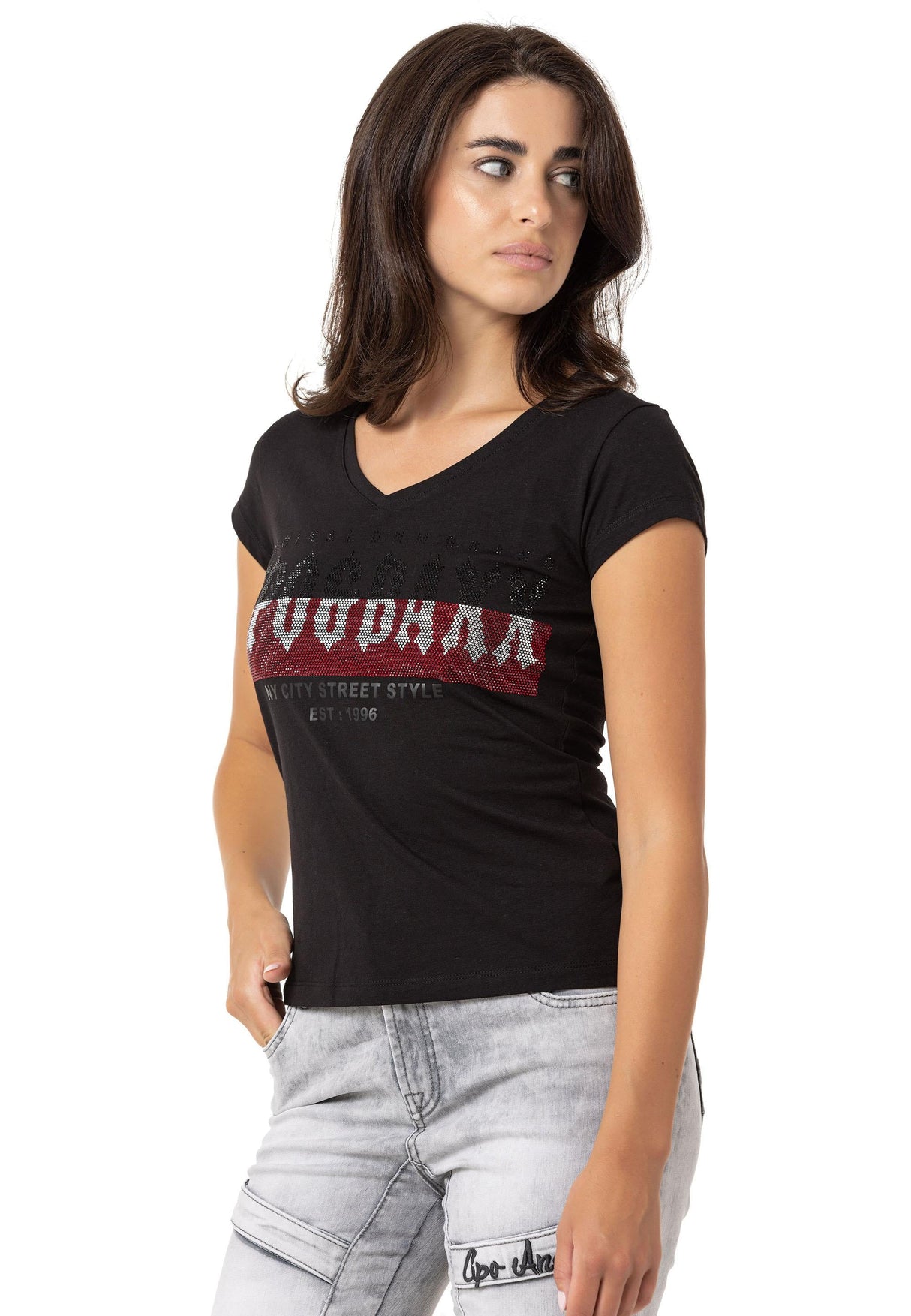 WT358 T-shirt damski z kamieniami