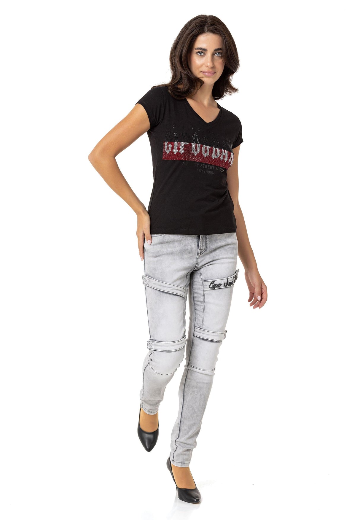 WT358 T-shirt damski z kamieniami