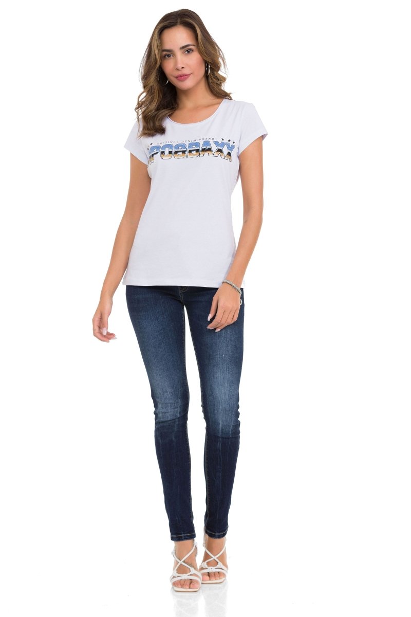 WT366 T-shirt damski z napisem i kamieniami