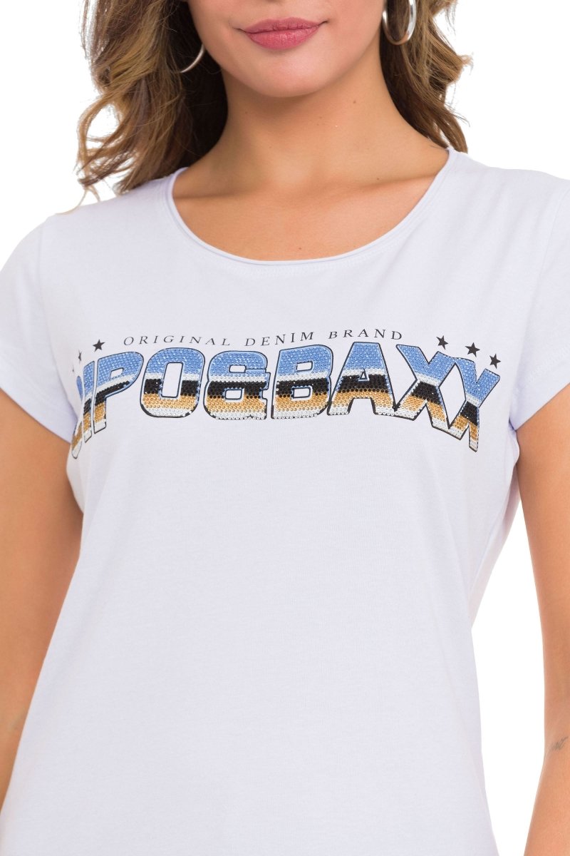 WT366 T-shirt damski z napisem i kamieniami